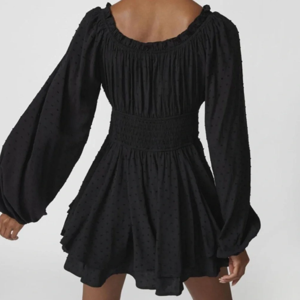 Urban Outfitters Rosie Clip Dot Smocked Long Sleeve Romper SM Black Fairygoth - Picture 10 of 16
